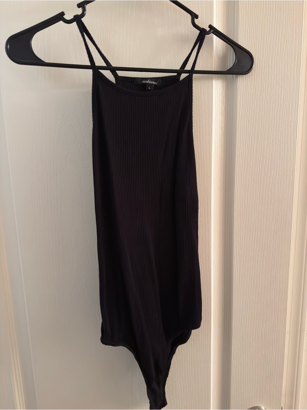Black Ribbed Slim-Strap Bodysuit